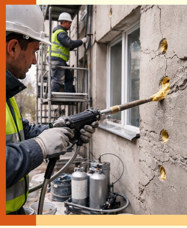 Заполнение пустот в фасаде и утепление стен в Ивантеевке