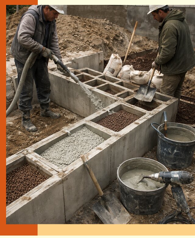Заполнение полостей фундамента в Ивантеевке герметичным утеплением и повышением прочности